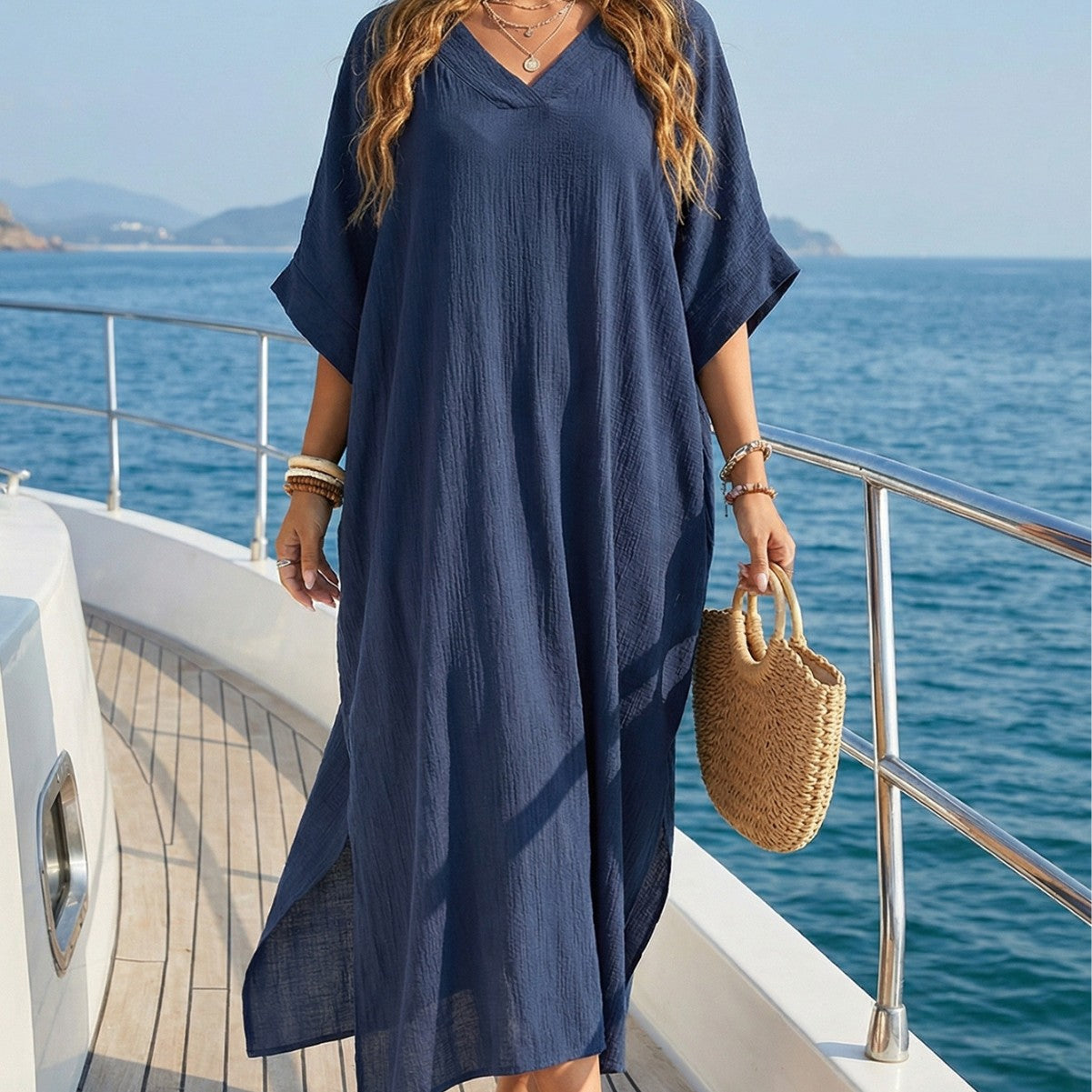 Women Beach Cover up Summer Women V neck Loose Casual Dress Split Mop Dress by Ragazza
