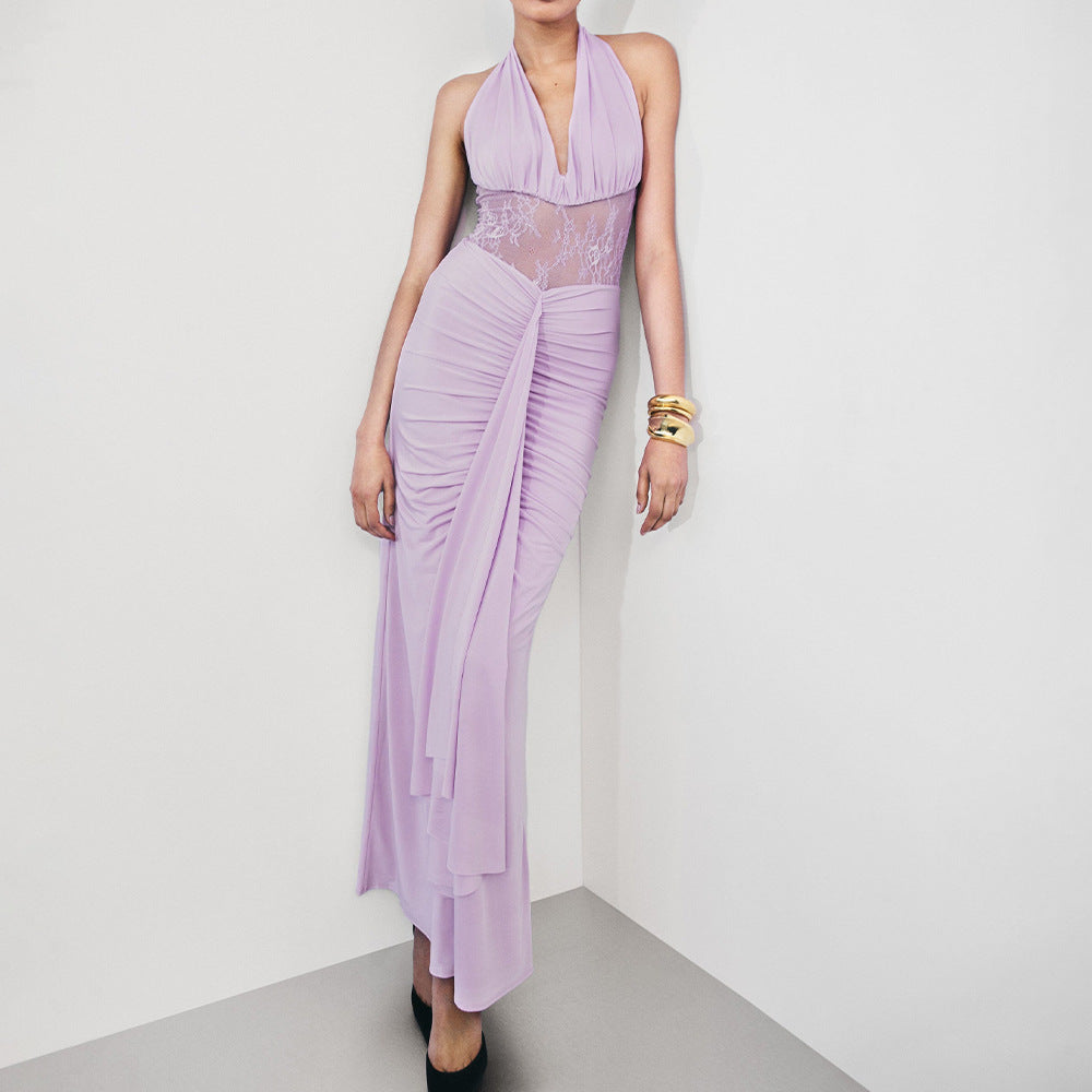 Elegant Deep V Plunge Halter Waist Slimming Maxi Dress Sexy Hollow Out Cutout out Backless Ribbon Dress by Ragazza
