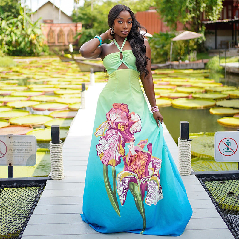 Fresh Gradient Women Printed Pattern Waist A line Dress Halter Cut out Maxi Dress by Ragazza
