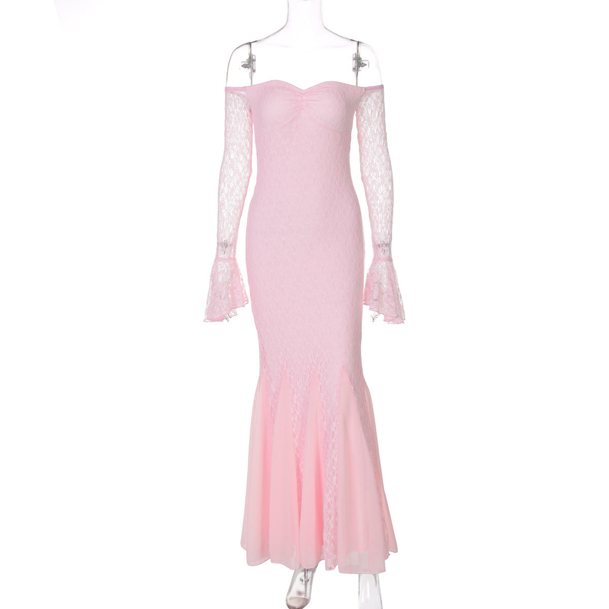 Dress Sexy Bandeau Stitching Lace Sleeve Slim Long Fishtail Evening Dress by Ragazza