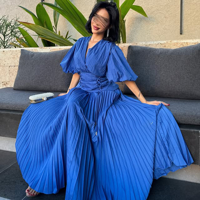 French Personalized Puff Sleeve Design V neck High Waist Tight Waist Design Maxi Dress Autumn Solid Color Women Dress by Ragazza