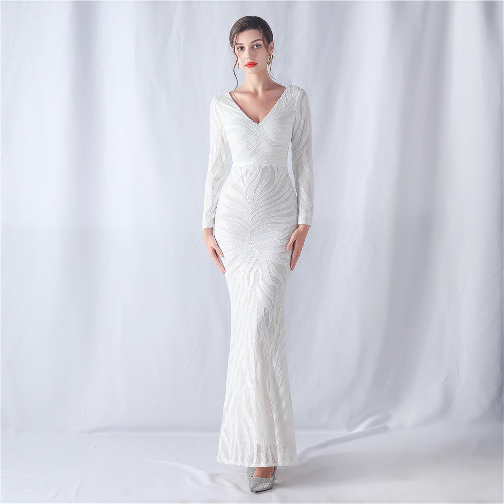 Positioning Floral Cutting Craft Magic Color Sequin Annual Meeting Wedding Long Sleeve Evening Dress by Ragazza