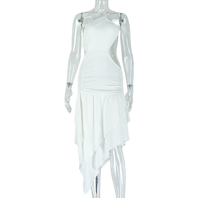 Women Clothing Pleated Elegant Solid Color Asymmetric Dress Diagonal Collar Single Shoulder Suspender Split Dress by Ragazza