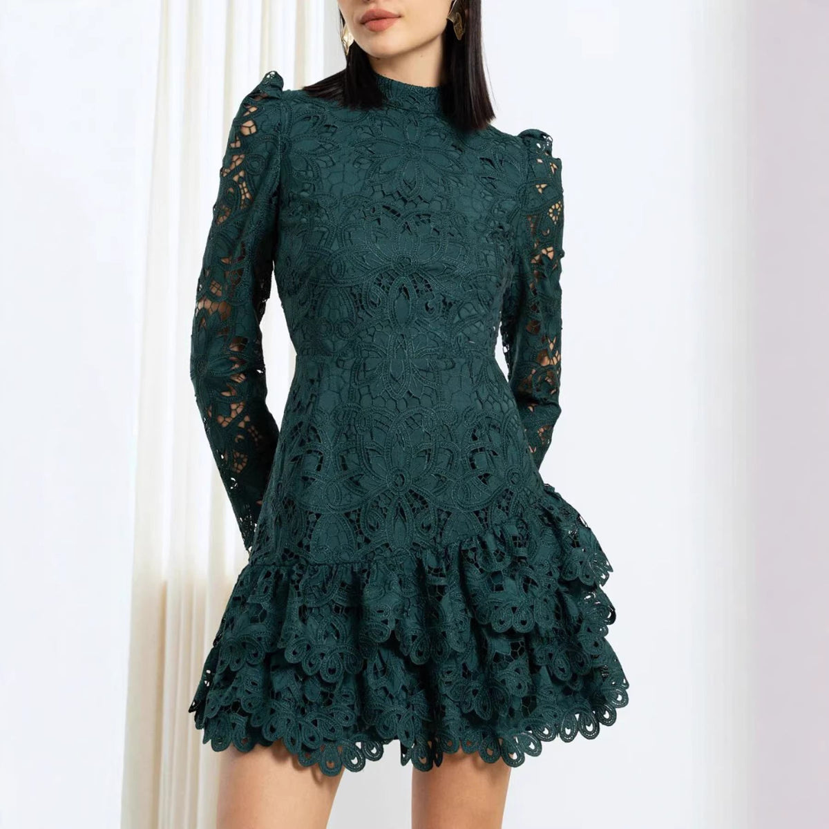 Stand Collar Long Sleeve Embroidered Floral Mesh Short Dress Hollow Out Cutout Three Dimensional Floral Lace Dress DestGlow