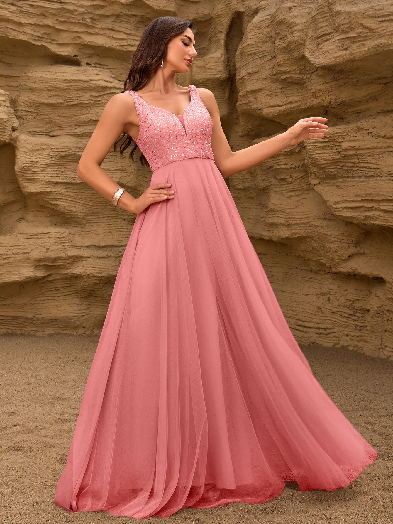 Elegant Sequin Stitching Mesh Double Collar Party Dress Sleeveless Large a Hem Full Lining Maxi Dress Prom by Ragazza
