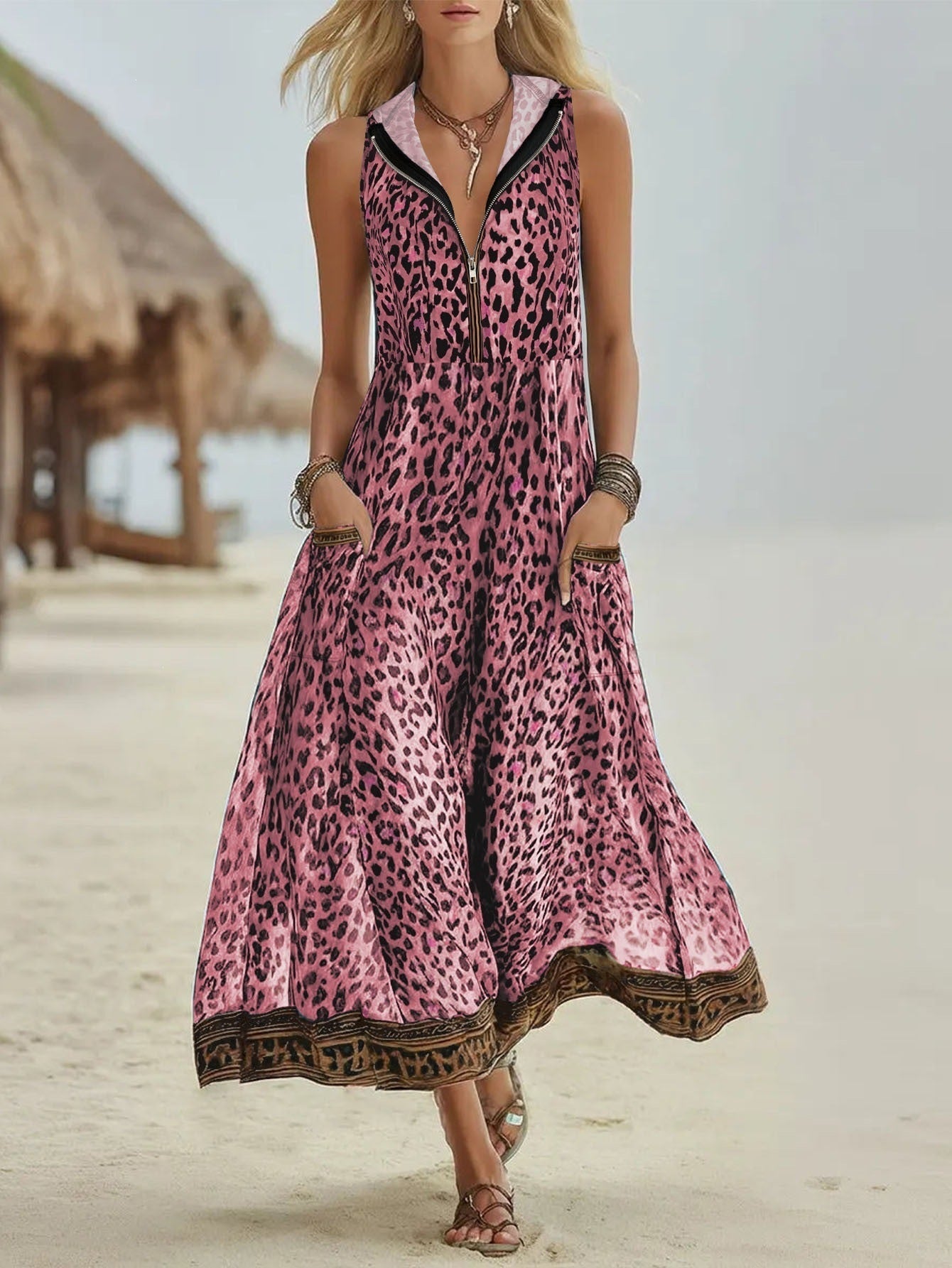 Casual Leopard Print Printed Dress Hooded Zipper Pocket Beach Dress DestGlow