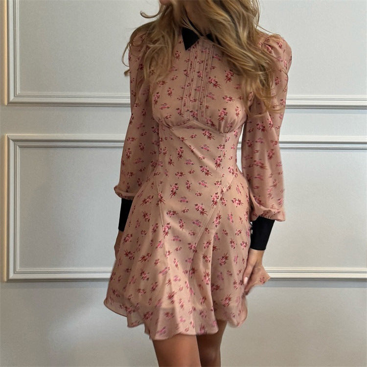 Printing Color Contrast French Dress Women Design Pleated Collared Long Sleeve High Waist A line Dress by Ragazza