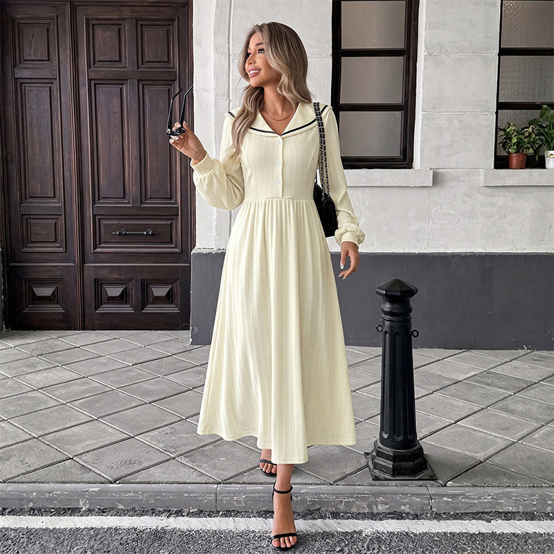 French Gentle Sailor Collar Contrast Color Waist Controlled Long Sleeves Dress DestGlow