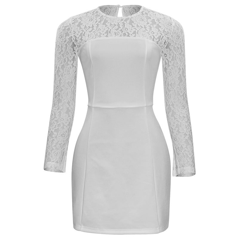 Autumn Solid Color round Neck Lace Stitching Sexy Slim Women Short Dress by Ragazza