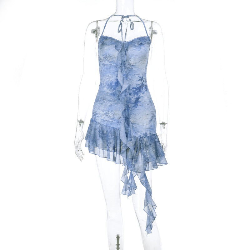 Sexy Printed Ruffled Halter Backless Short Dress DestGlow