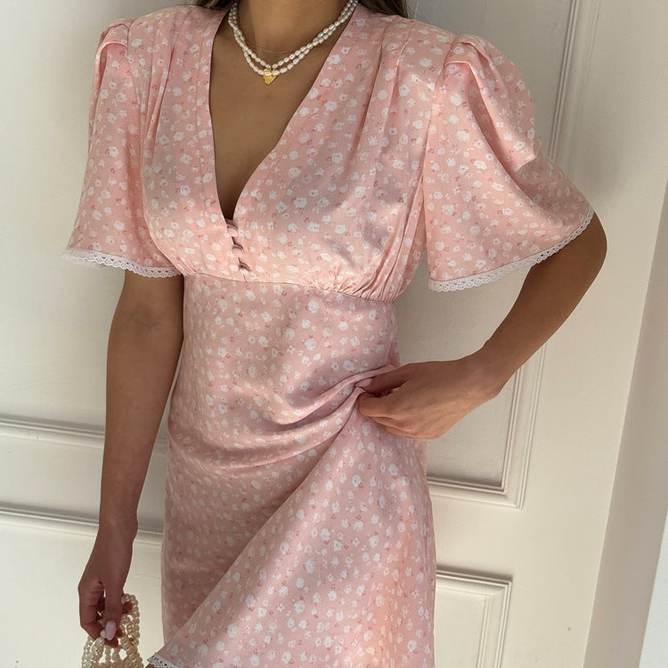 Women Clothing Summer Floral Dress Casual V neck Short Sleeve High Waist Short Dress by Ragazza