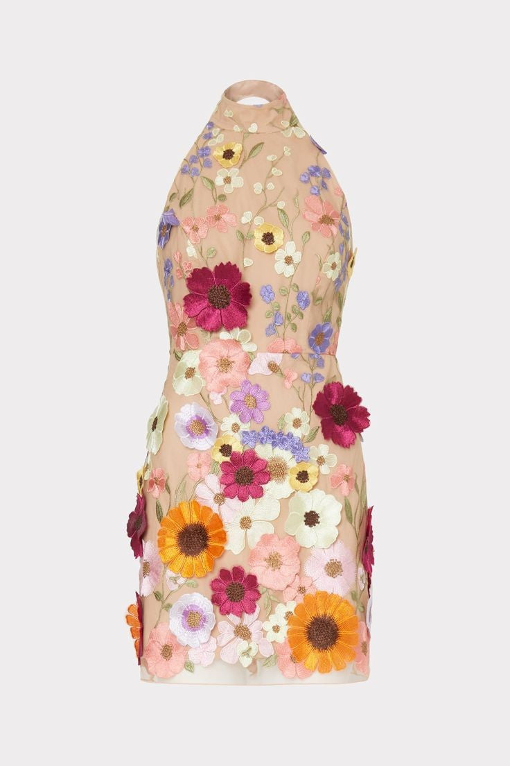 Women Embroidered Three Dimensional Floral Halter Slim Dress Small Dress by Ragazza