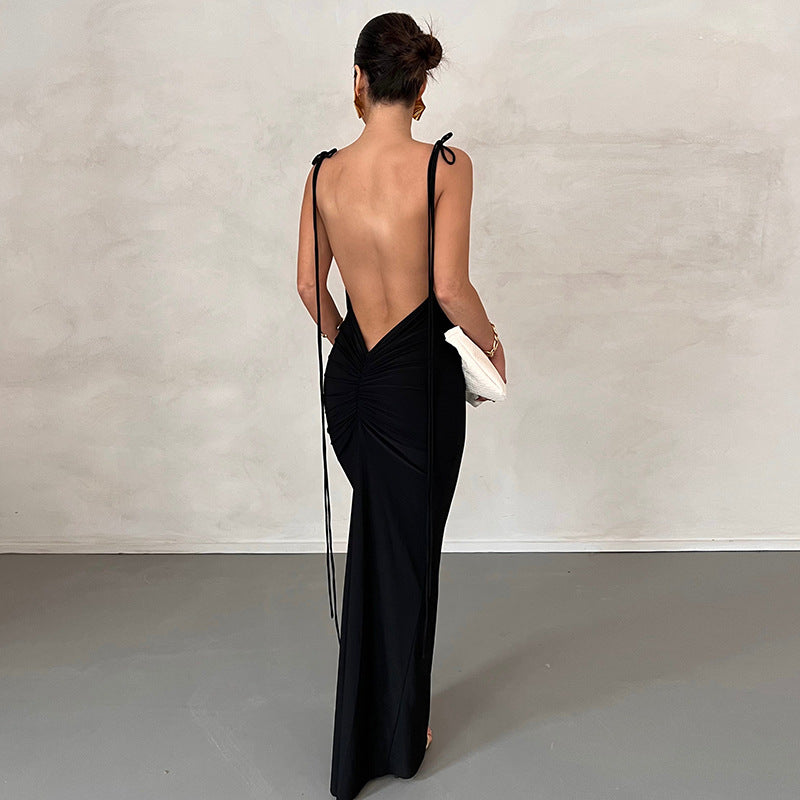 Solid Color Sexy Backless Pleated Long Elegant Slim Strap Dress for Women DestGlow