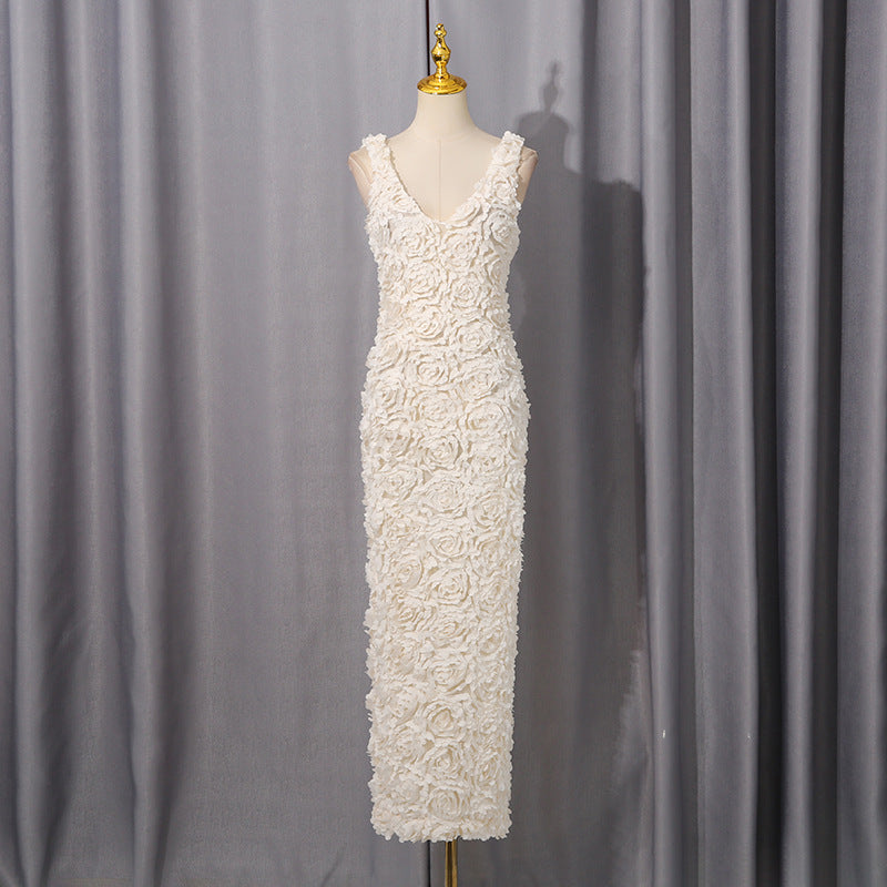 Pure White Three Dimensional Floral Embroidered Dress Autumn Dress Cami Dress Heavy Work Dress by Ragazza
