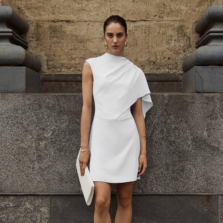 Irregular Asymmetric White Sleeveless Waist Tight Elegant Dress Women Elegant Slim Fit by Ragazza