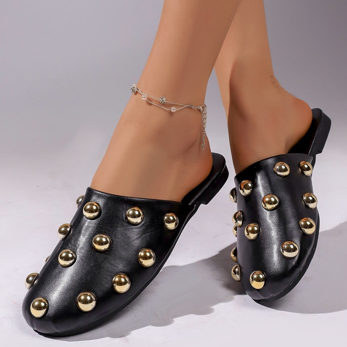Summer Metal Rivet Half Support Flat Slippers Women Lazybones Outdoor Toe Cap Mules Shoes DestGlow