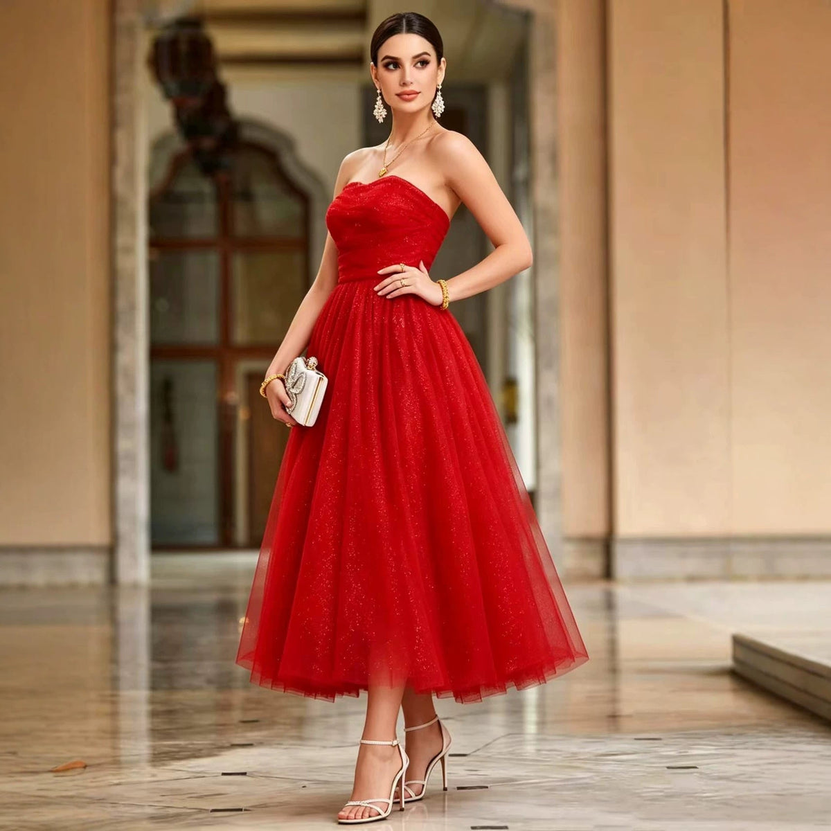 French off Shoulder Red Toast Dress Evening Gown DestGlow