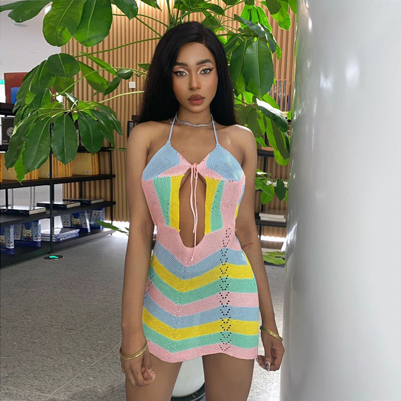 Wave Striped Contrast Color Product Mother Halter Straps Backless Chest Hollow Out Cutout Sexy Woolen Short Dress Women DestGlow