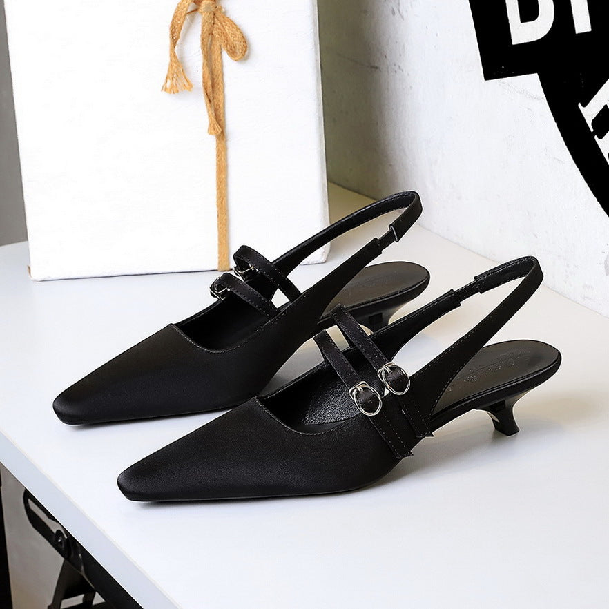 Korean Pointed Toe Strap Hollow Out Cutout Back Shoes Back Strap Comfortable Low Heel Pumps Low Cut Wine Cup Heel Satin Women Shoes DestGlow