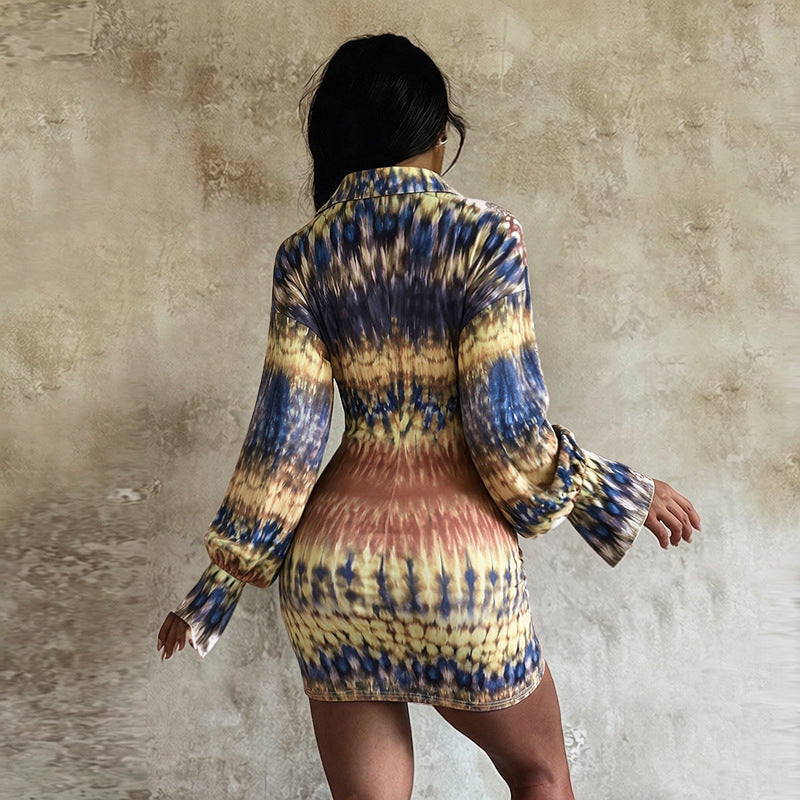 Sexy Print Dress Sexy V neck Long Sleeve Narrow Cinched Short Dress DestGlow