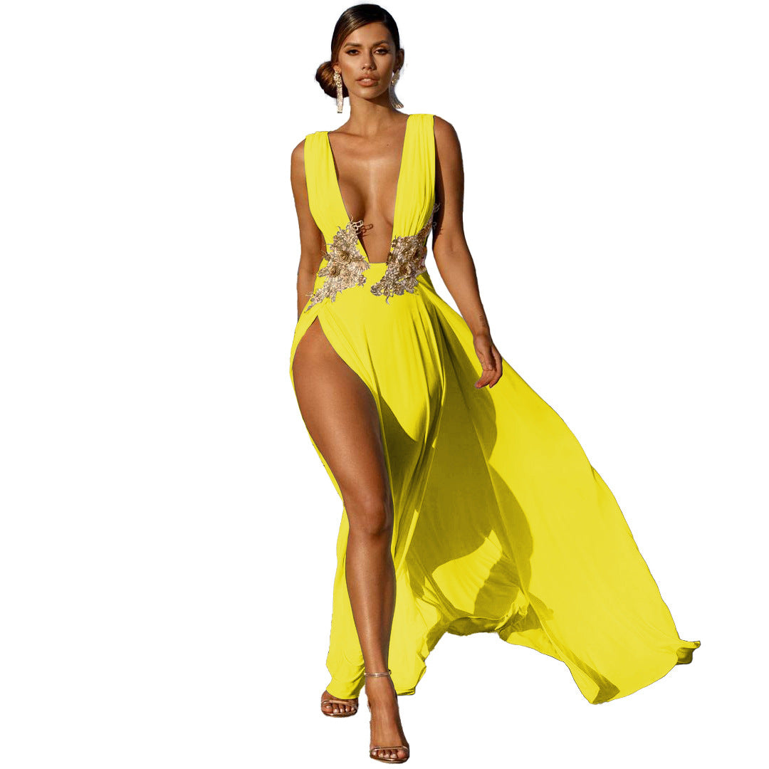 New Ladies Maxi Dress Sexy Fashion Wedding Evening Dress Deep V Plunge Plunge High Slit Part Large Swing Mop Dress by Ragazza
