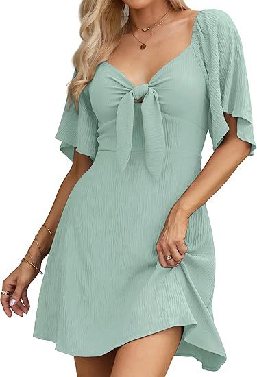 Women Clothing Shein V Neck Bow Lace Up Short Sleeve Mini Dress by Ragazza