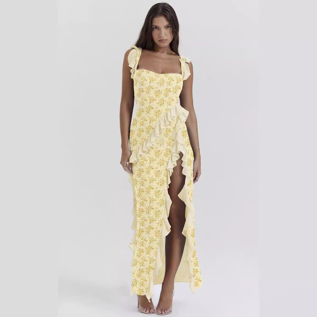 Summer French Strap Wooden Ear Sexy Split Printing Dress by Ragazza