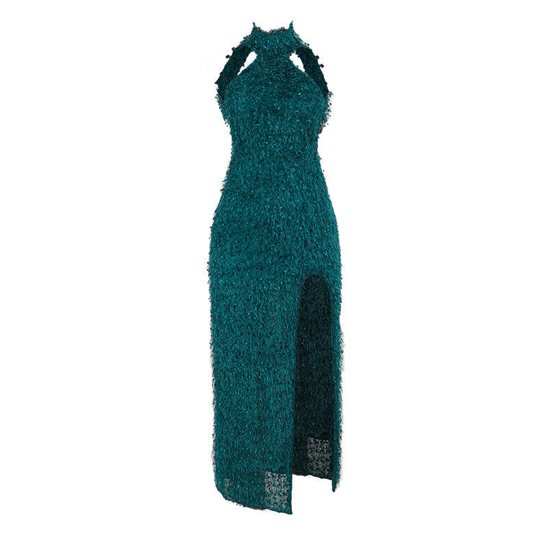 Halter Fur Texture Split Backless Dress Women Sexy Slim Fit Hip DestGlow
