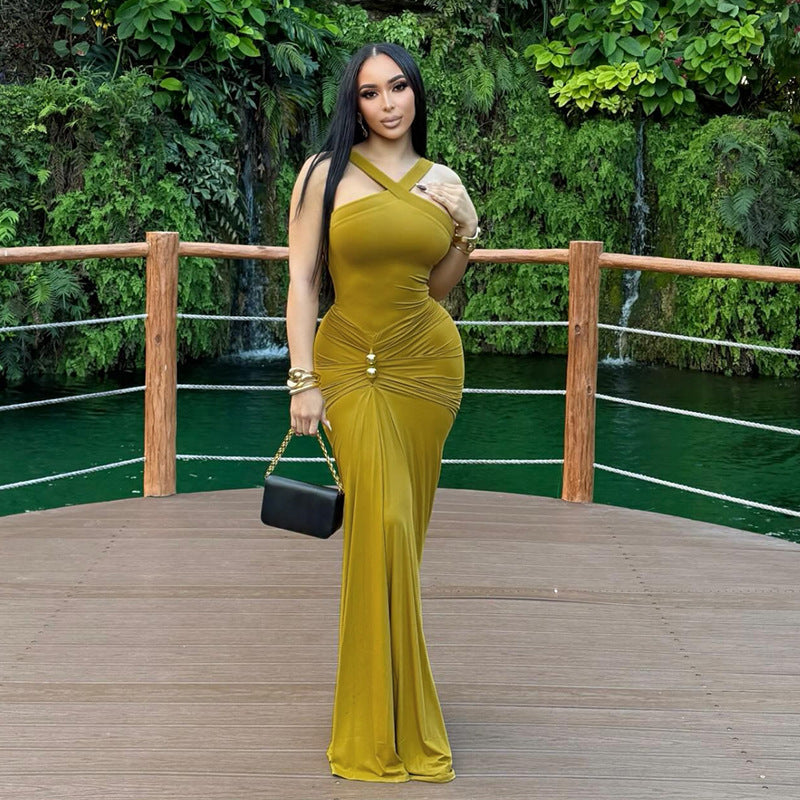 Autumn Winter Women Clothing Cross Halter Solid Color Pleated Waist Tight Slimming Fishtail Dress by Ragazza