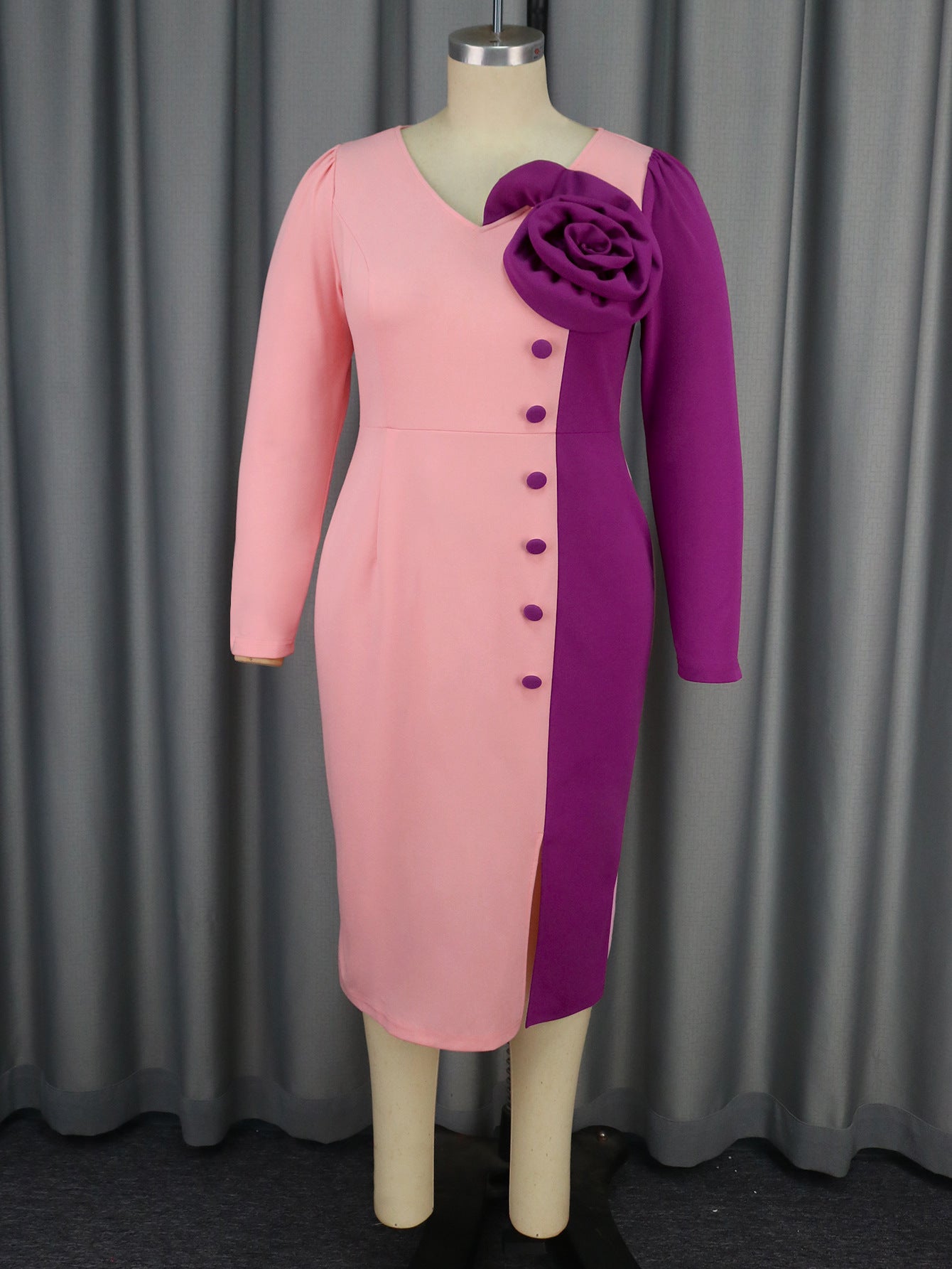 Cool Contrast Color Color Matching Rose Dress Party Cocktail V neck Long Sleeve Mid Length Dress by Ragazza