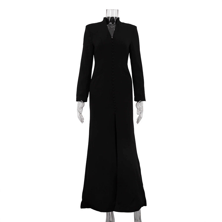 V neck Long Sleeve High Waist Split French Dress Women Party Long Dress by Ragazza