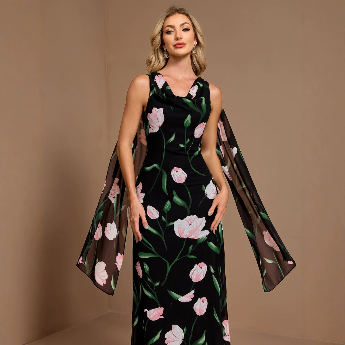 Women Summer Printed Sleeveless Large V Back U Neck A line Flared Sundress Ribbon Evening Dress DestGlow