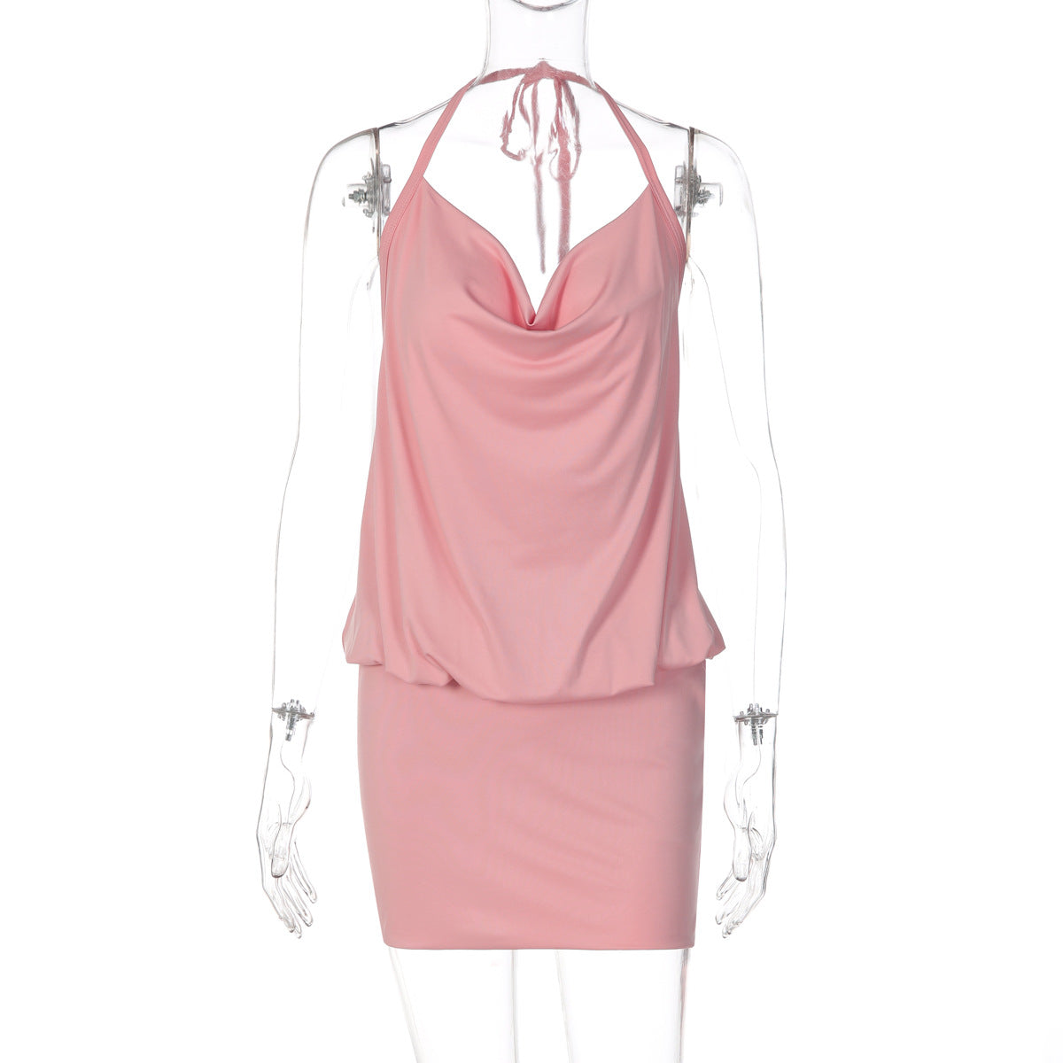Swing Collar Backless Lace up Dress for Women Summer Sexy Solid Color Halter Hip Dress DestGlow