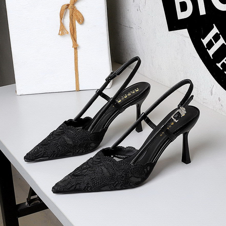 French Ladies Stiletto Heel High Heels Women Sexy High Grade Lace Mesh Pointed Toe Buckle DestGlow