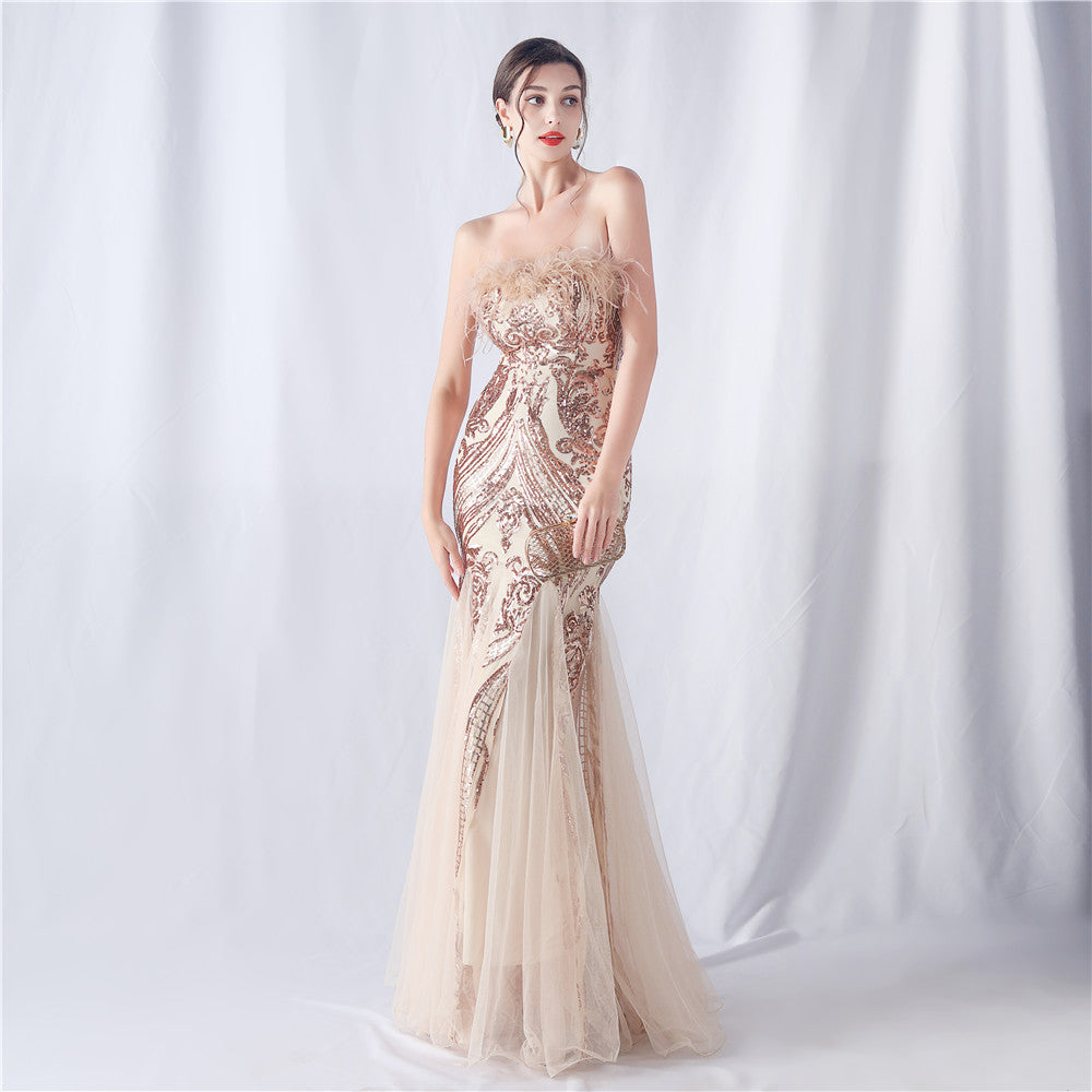 Ostrich Feather Positioning Floral Cutting Wedding Annual Meeting Tube Top Sequin Gauze Evening Dress by Ragazza