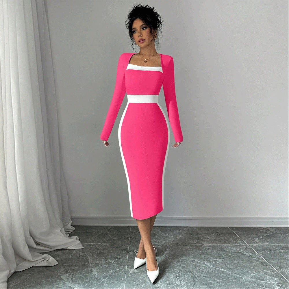 Women Clothing Stitching Contrast Color Midi Dress Sexy Sheath Long Sleeve Dress DestGlow