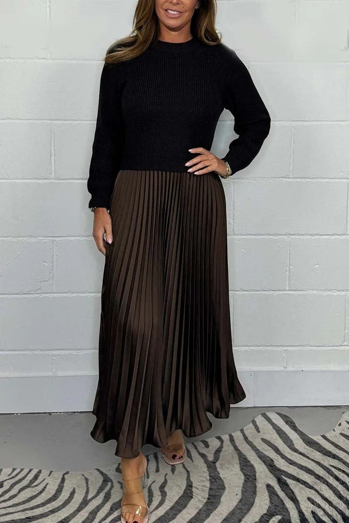 New Autumn Winter Women round Neck Top Sunken Stripe Pleated Dress by Ragazza