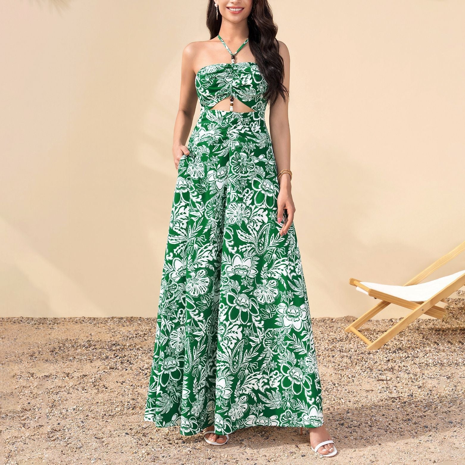 Summer Printed Halter Dress Sexy Sexy Backless Hollow Out Cutout out Cinched Vacation Maxi Dress DestGlow