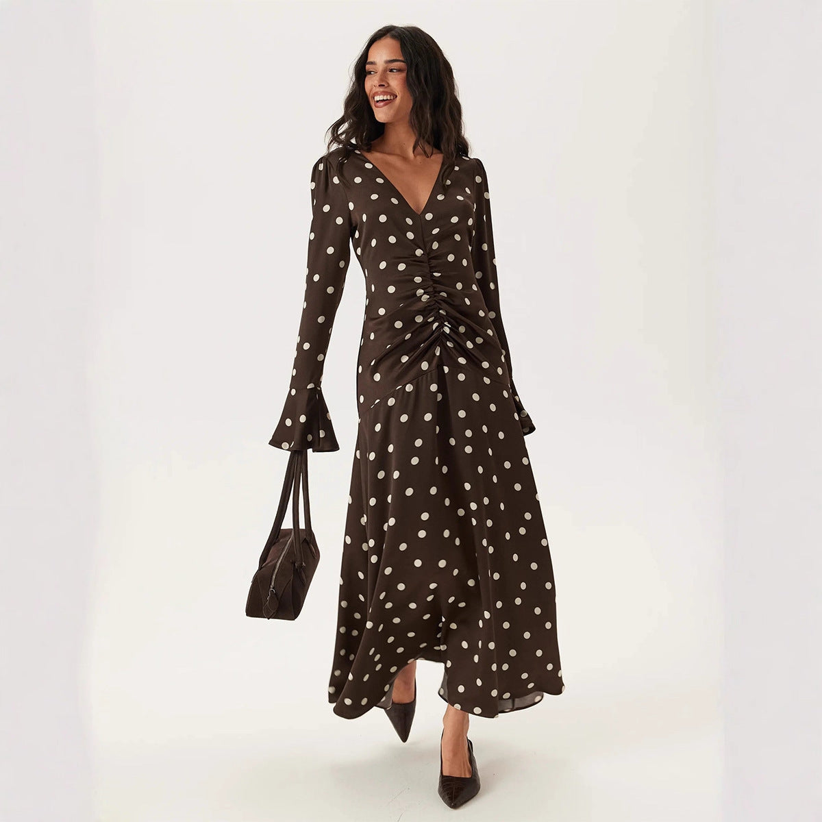 Polka Dot Long Sleeve Dress Summer Women Pleating V neck Flared Sleeves Waist Dress by Ragazza
