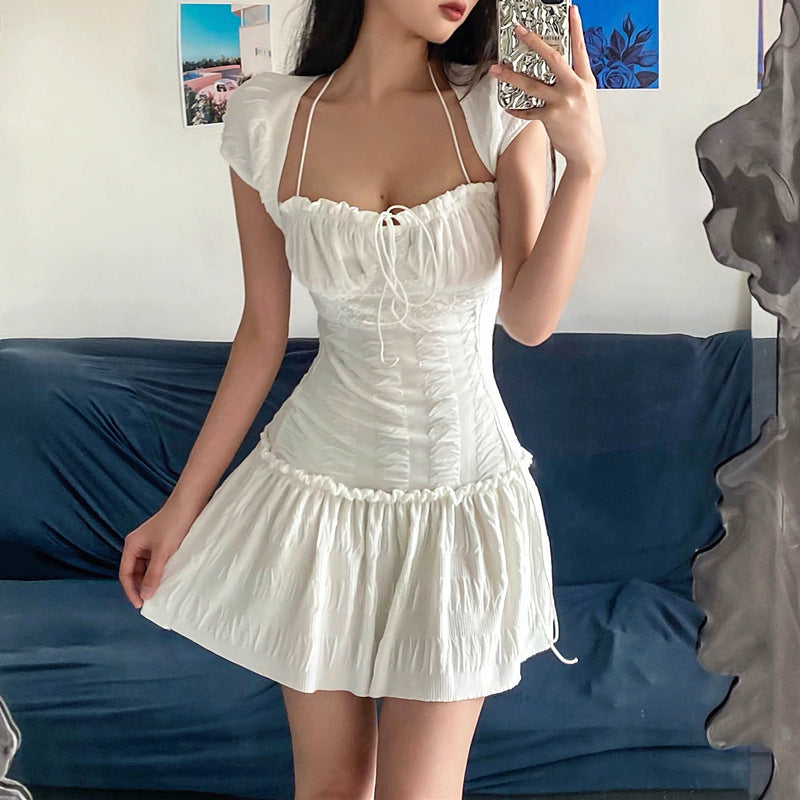 Summer Sexy French Low Cut Square Collar Halter Lace Up Design Short Sleeve Pleated Dress Women by Ragazza
