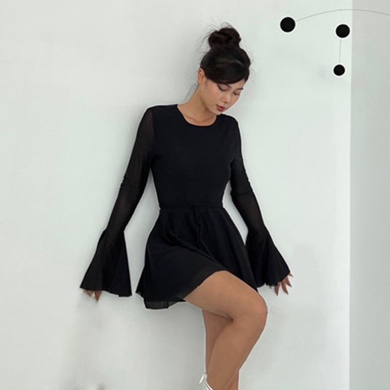 Fall Women Clothing Sexy Park Caiying Same Crew Neck Trumpet Long Sleeve Mesh Dress by Ragazza