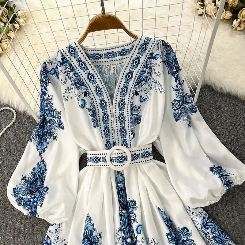 Spring Women Fashionable V neck Long Sleeve Bohemian Printed Dress by Ragazza