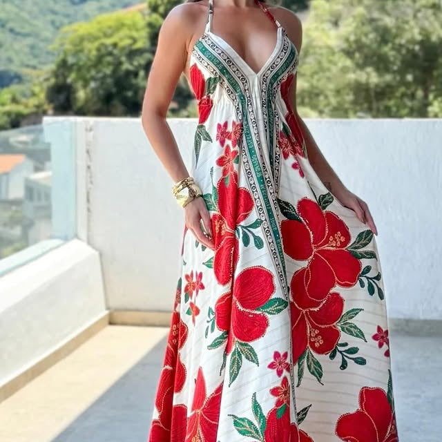 Spring Summer off the Shoulder V neck Women Clothing Spaghetti Strap Floral Print Fairy Long Elegant Dress Large Swing Dress DestGlow
