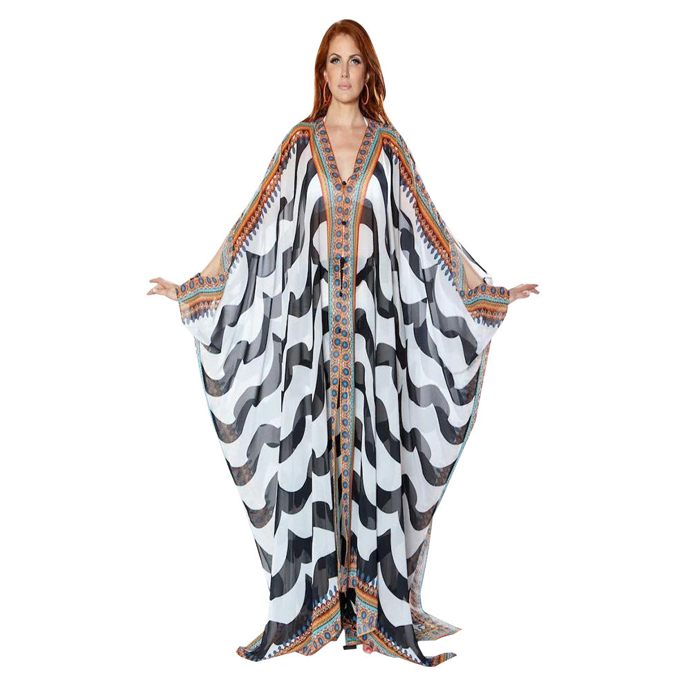 Popular Women Clothing Autumn V neck Casual Printed Jacket See through Chiffon Shirt by Ragazza