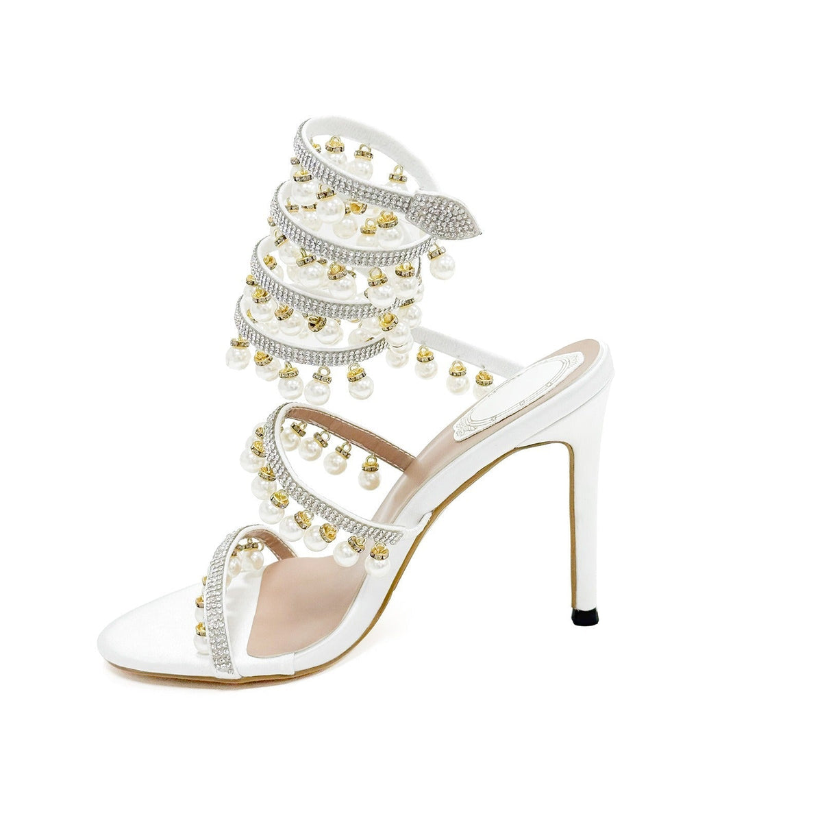 Black White Champagne 10cm Stiletto Heel Small round Toe Rhinestone Pearl High Heel Women Sandals Summer Heels DestGlow