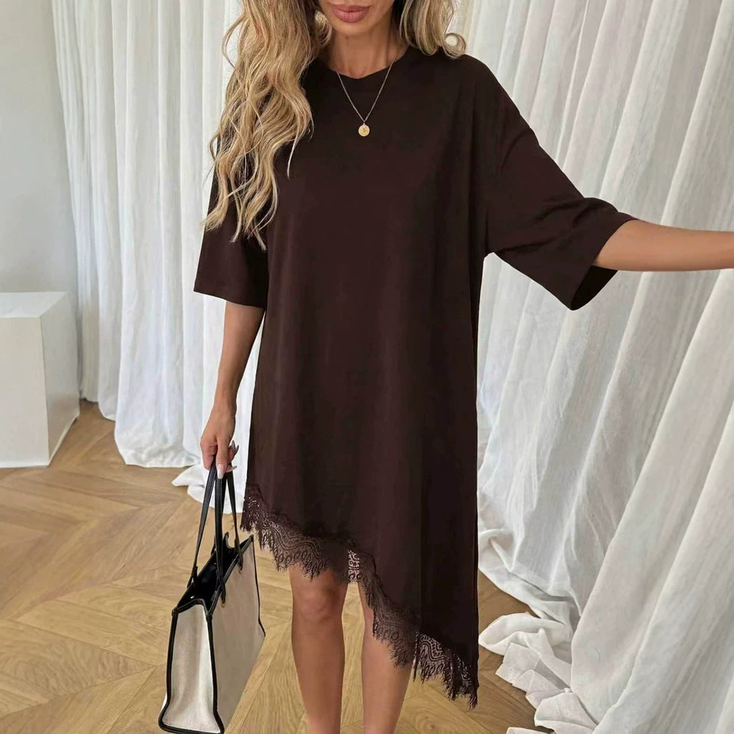 Women Clothing Summer Irregular Asymmetric Loose Solid Color Half Sleeve Dress DestGlow