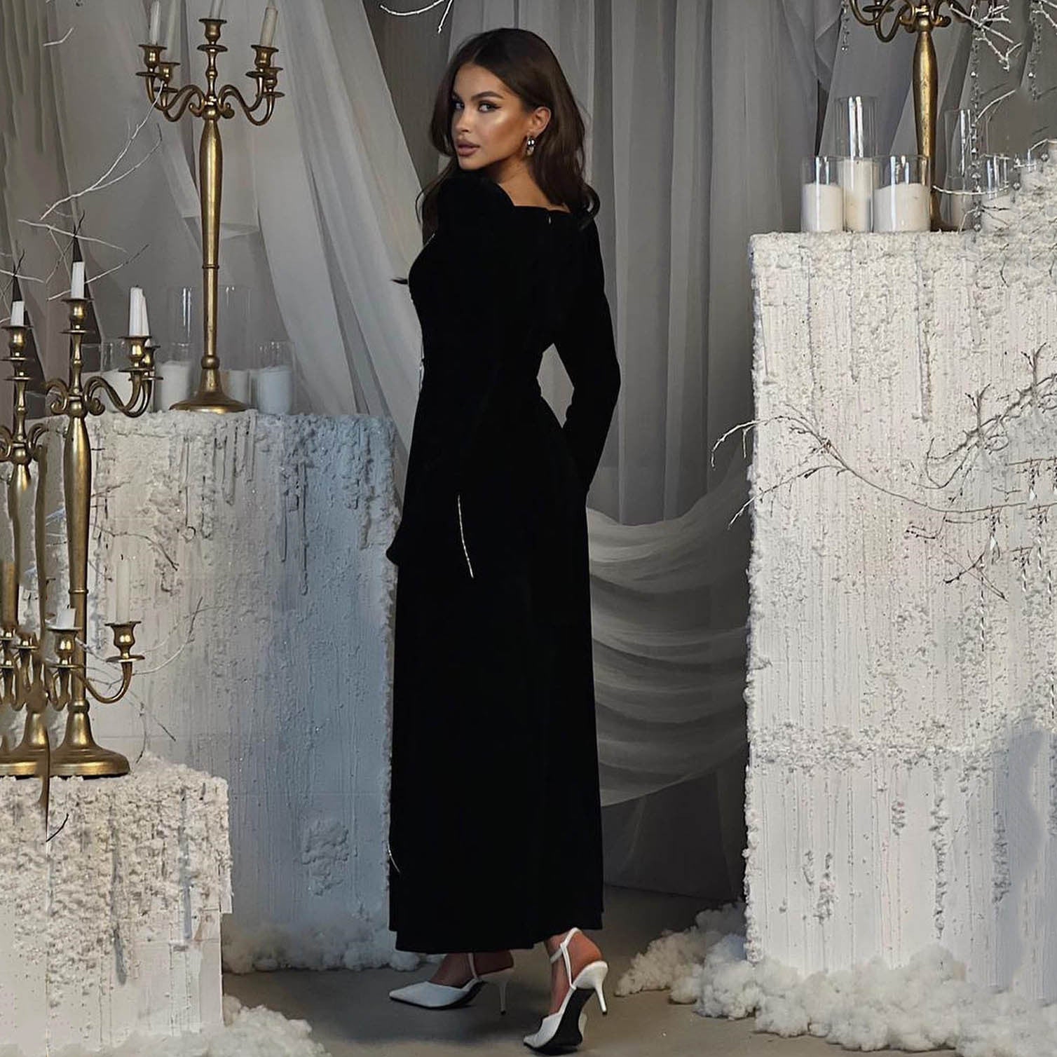 Autumn Winter Party Dress French Ladies Dress Korean Velvet Bell Sleeve Square Collar A line Dress Women by Ragazza