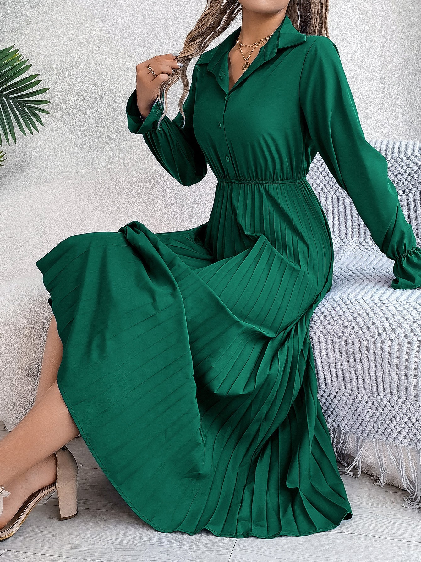 Autumn Winter Casual Collared Button Long Sleeve Cinched Pleated Maxi Dress Women Clothing by Ragazza