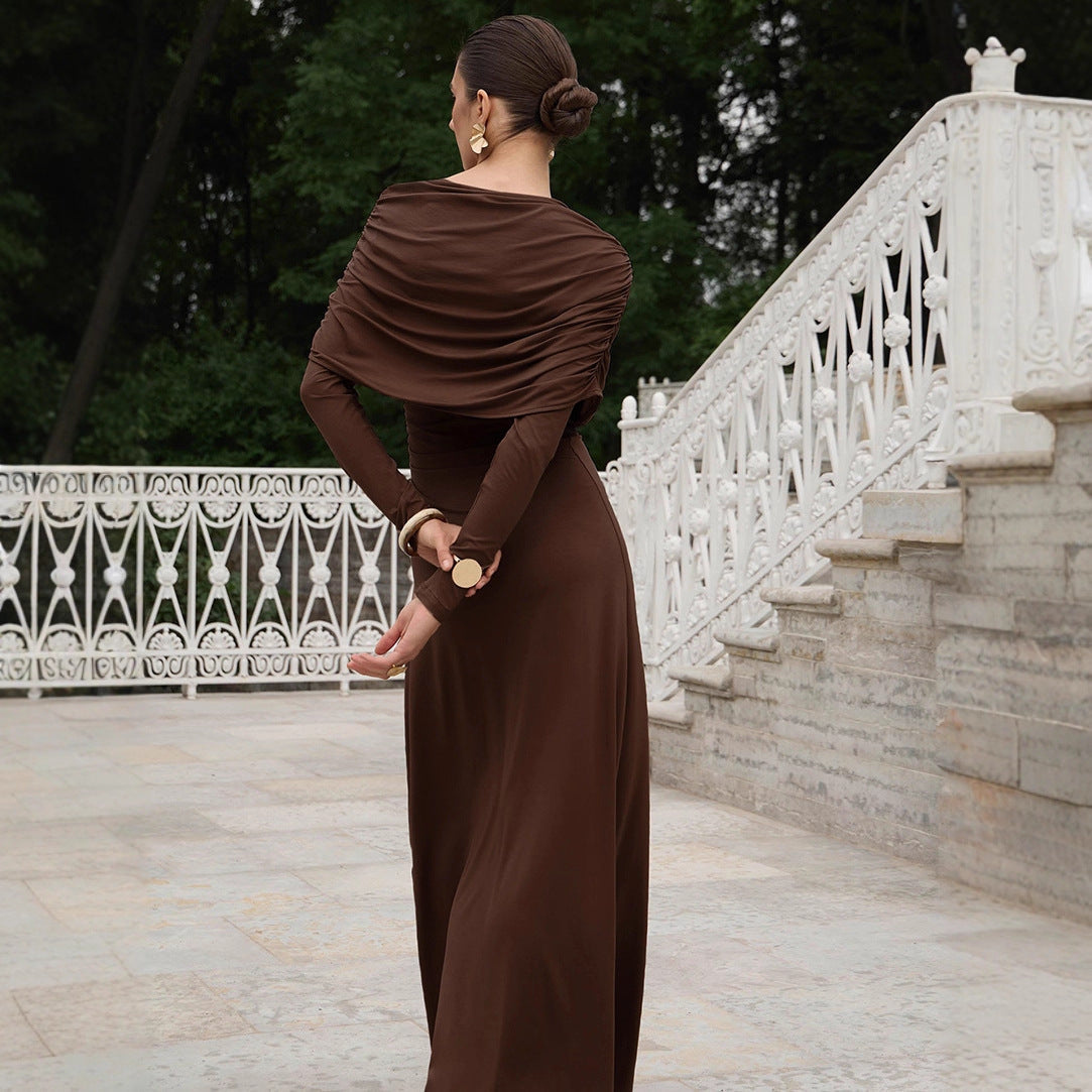Fall Winter Elegant Long Sleeve Solid Color Knitted Slim Fit Maxi Dress Office Irregular Asymmetric Collar Dress for Women by Ragazza