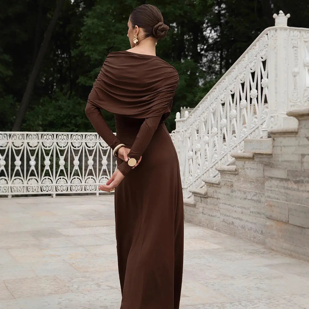 Fall Winter Elegant Long Sleeve Solid Color Knitted Slim Fit Maxi Dress Office Irregular Asymmetric Collar Dress for Women